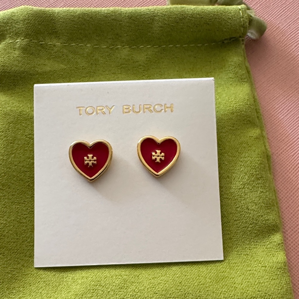 Tory Burch Gold and Red Heart Earrings